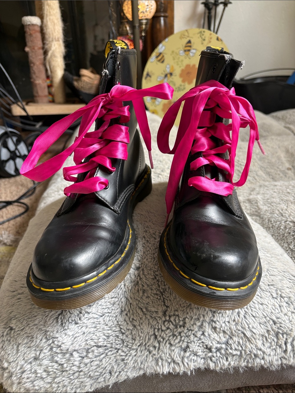 Black Leather Lace-Up Combat Boots with Pink Ribbon Laces